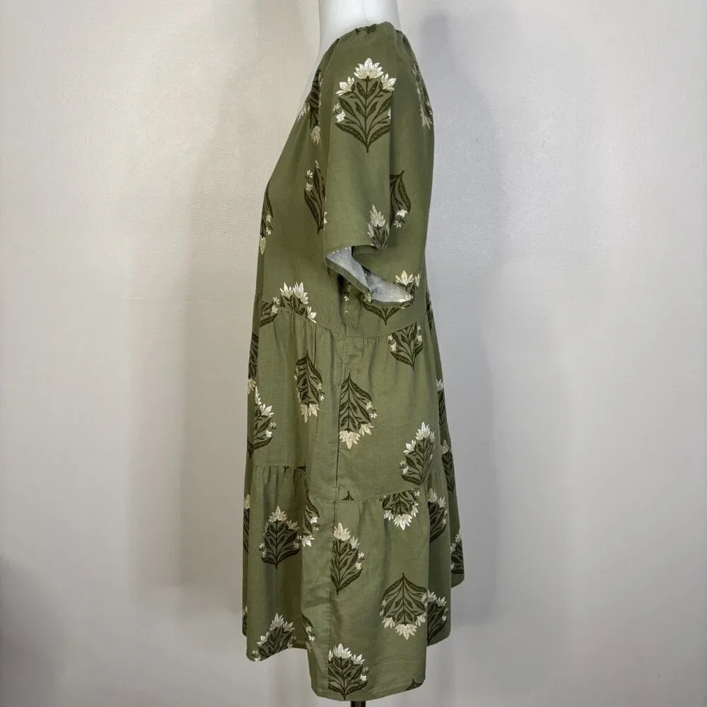Old Navy Tiered Mini Swing Dress XS Olive Green Floral Short Sleeve V-Neck‎